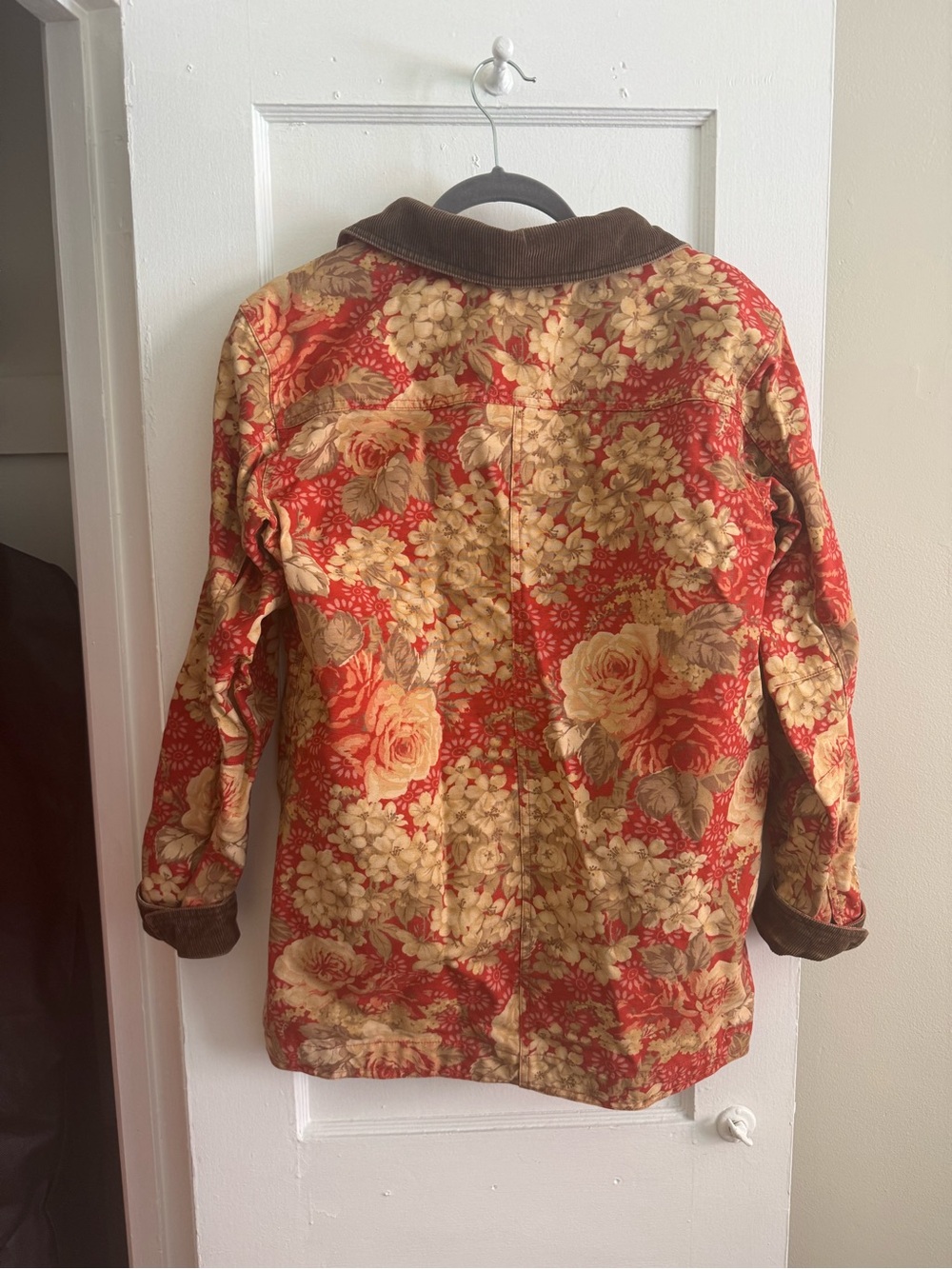 L.L. Bean Red Floral Quilted Chore Jacket with Brown Corduroy Trim - Picture 5 of 6